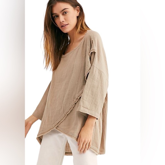 Free People Tops - Free People All Set Cotton Gauze Tunic Top Tiered Raw Hem Tan Oversized Sz XS
